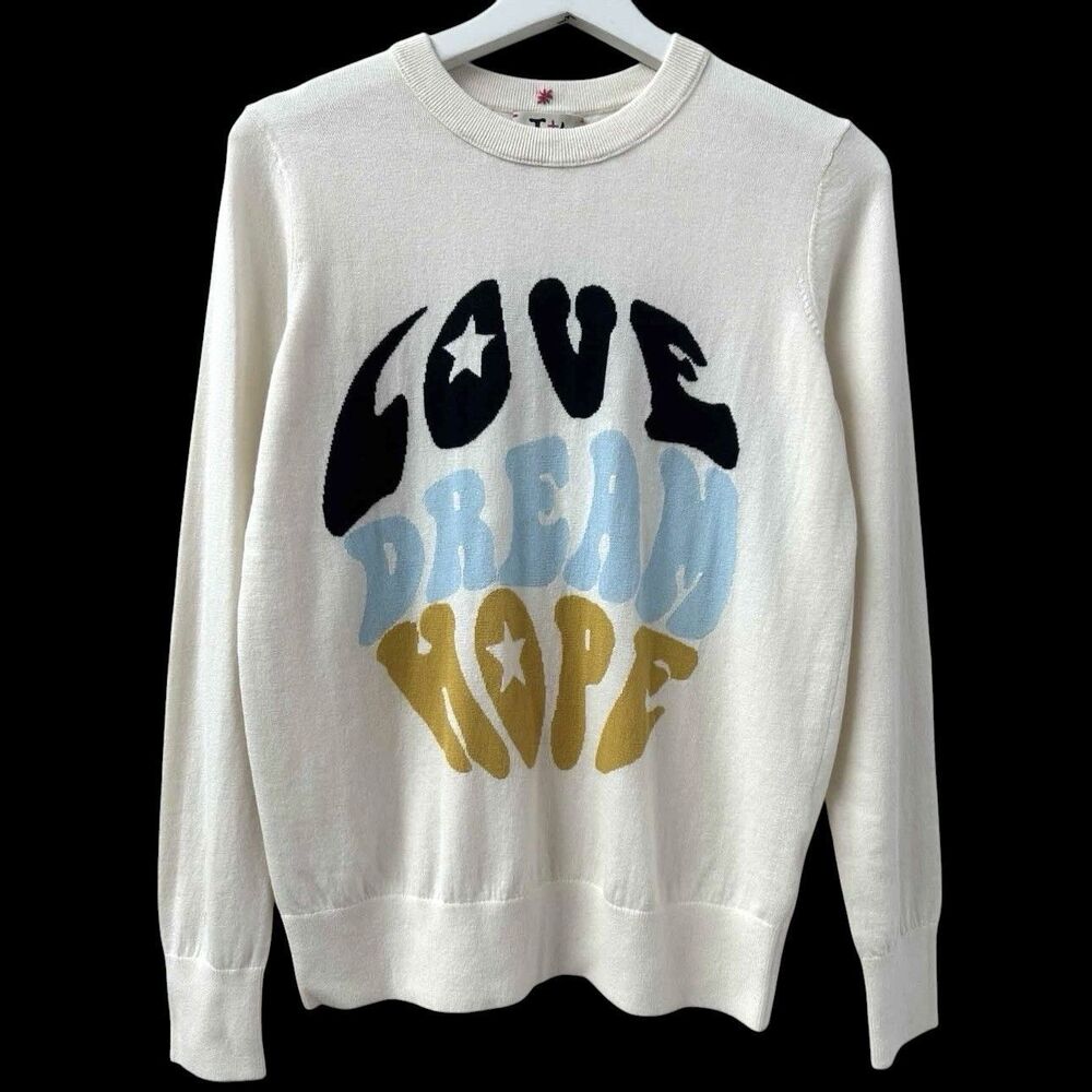 Label + Thread Cashmere Cotton Crewneck Sweater Size M Love Dream Hope Colorful
